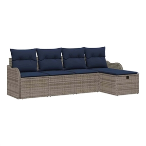 Pemberly Row 5 Pcs Gray & Navy Poly Rattan Garden Sofa Set With Cushions