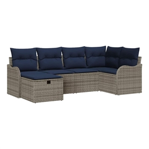 Pemberly Row 6 Pcs Gray & Navy Poly Rattan Garden Sofa Set With Cushions