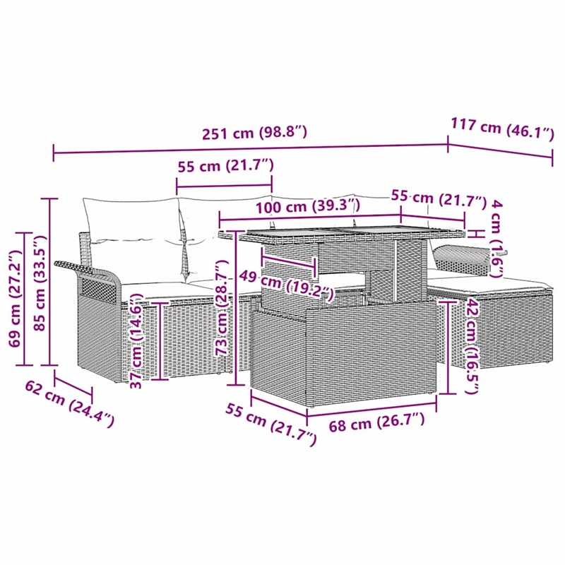 Pemberly Row 6 Piece Garden Sofa Set With Cushions in Beige & Cream