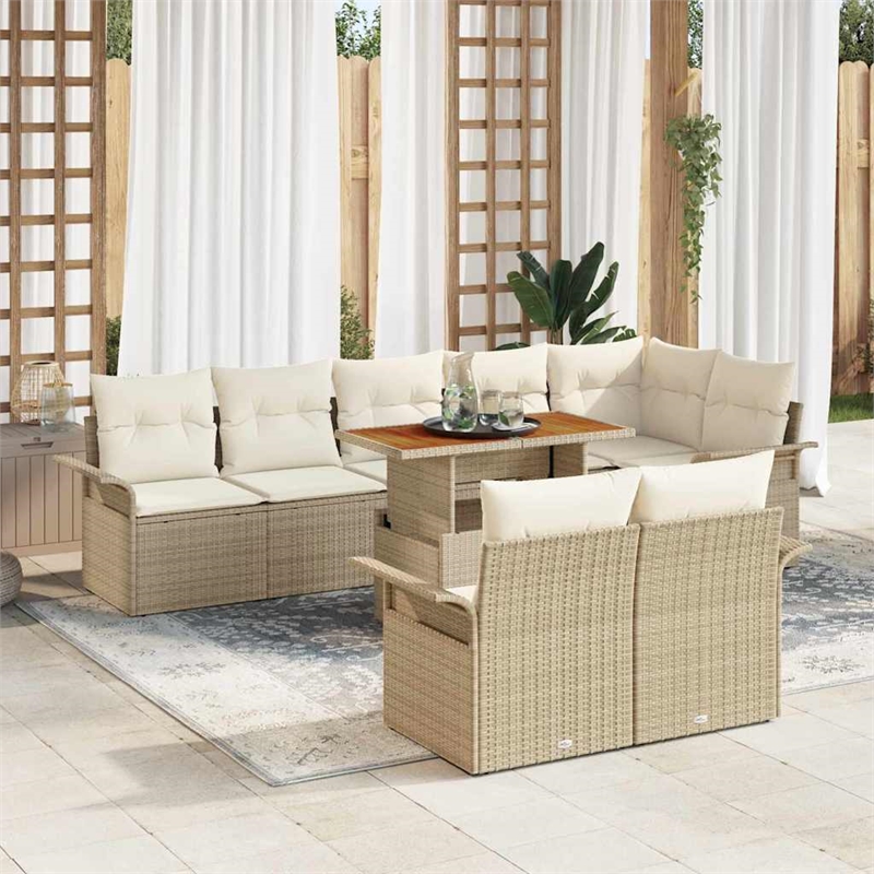 Pemberly Row 9 Pcs Beige & Cream Poly Rattan Garden Sofa Set With Cushions