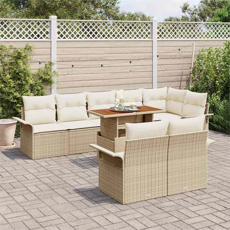 Pemberly Row 9 Pcs Beige & Cream Poly Rattan Garden Sofa Set With Cushions