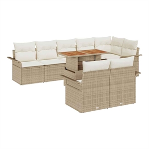 Pemberly Row 9 Pcs Beige & Cream Poly Rattan Garden Sofa Set With Cushions