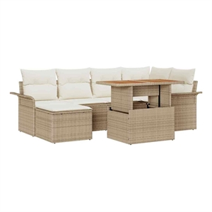 Pemberly Row 7 Pcs Beige & Cream Poly Rattan Garden Sofa Set With Cushions