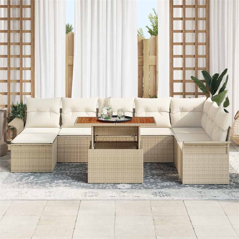 Pemberly Row 9 Pcs Beige & Cream Garden Sofa Set With Cushions