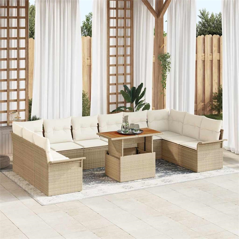 Pemberly Row 11 Pcs Beige & Cream Poly Rattan Garden Sofa Set With Cushions