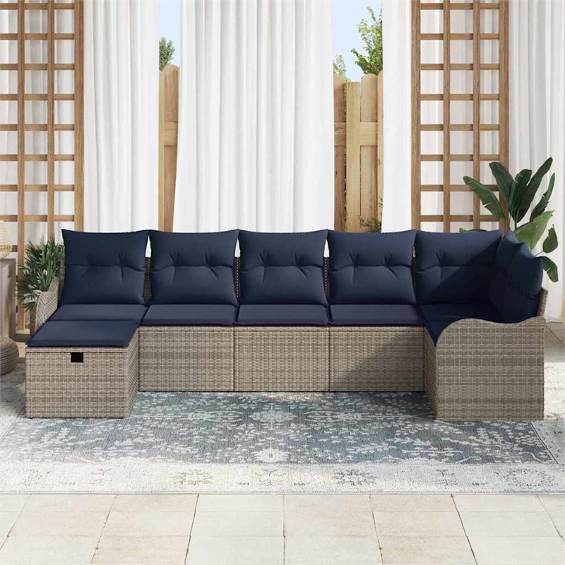 Pemberly Row Gray & Navy Poly Rattan Sofa Set With Cushions With Storage