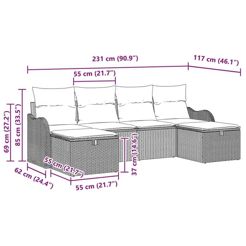 Pemberly Row 6 Pcs Gray & Navy Poly Rattan Sofa Set With Cushions Manual