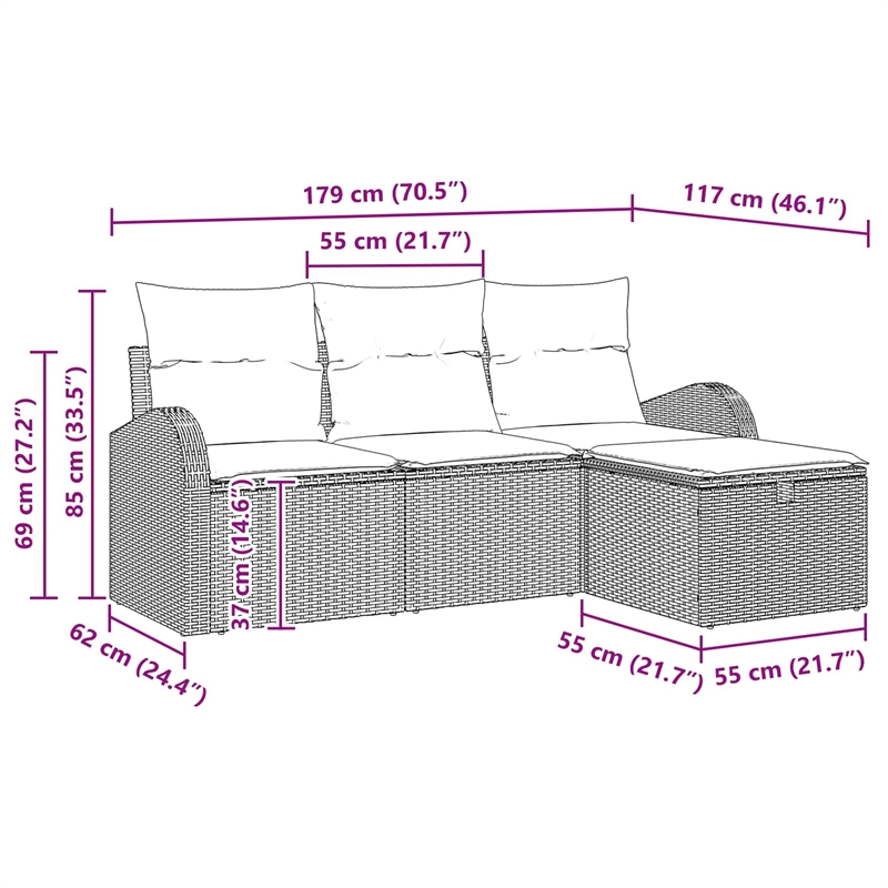 Pemberly Row 4 Pcs Gray & Navy Poly Rattan Sofa Set With Cushions Manual