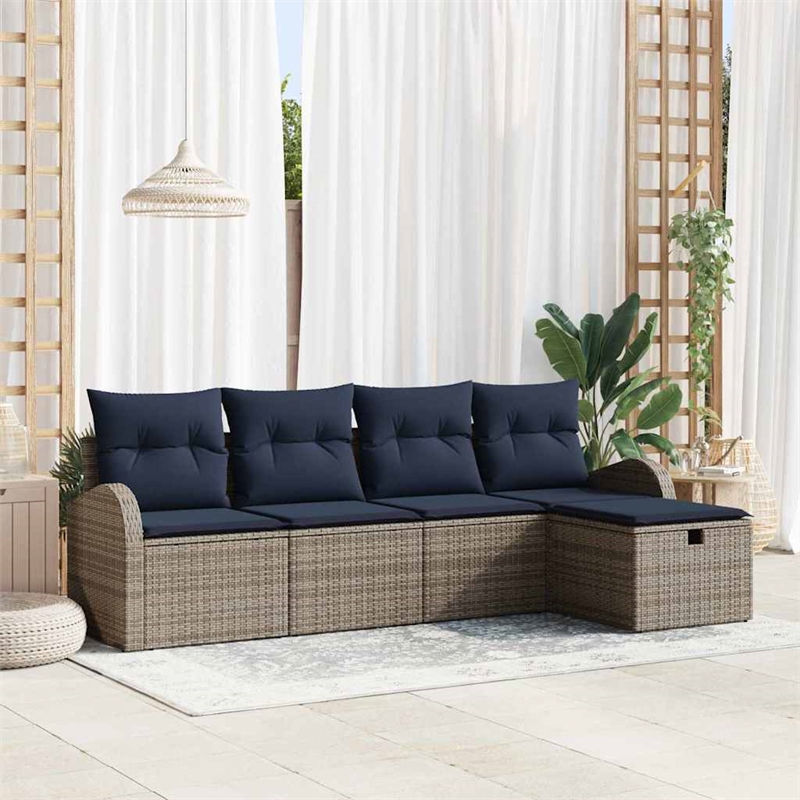 Pemberly Row Gray & Navy Poly Rattan Sofa Set With Cushions With Storage