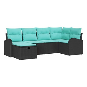 Pemberly Row 6 Pcs Poly Rattan Sofa Set With Cushions in Black And Turquoise