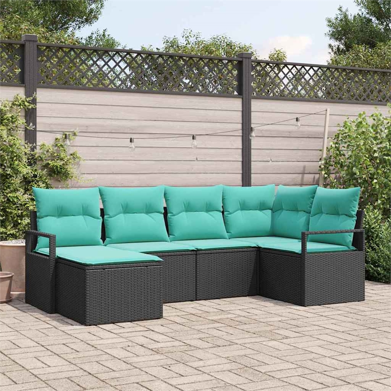 Pemberly Row 6 Pcs Black & Turquoise Poly Rattan Sofa Set With Cushions