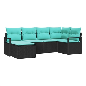 Pemberly Row 6 Pcs Black & Turquoise Poly Rattan Sofa Set With Cushions