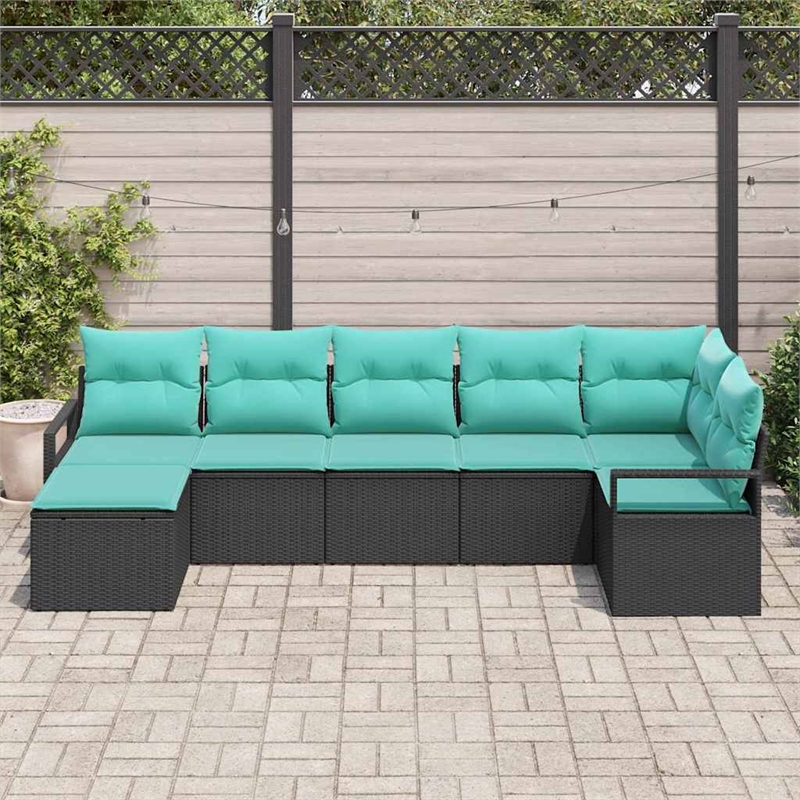 Pemberly Row 7 Pcs Black & Turquoise Poly Rattan Sofa Set With Cushions