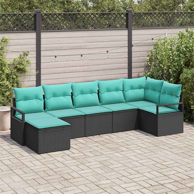 Pemberly Row 7 Pcs Black & Turquoise Poly Rattan Sofa Set With Cushions
