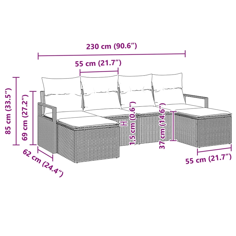 Pemberly Row 6 Pcs Black & Turquoise Poly Rattan Sofa Set With Cushions