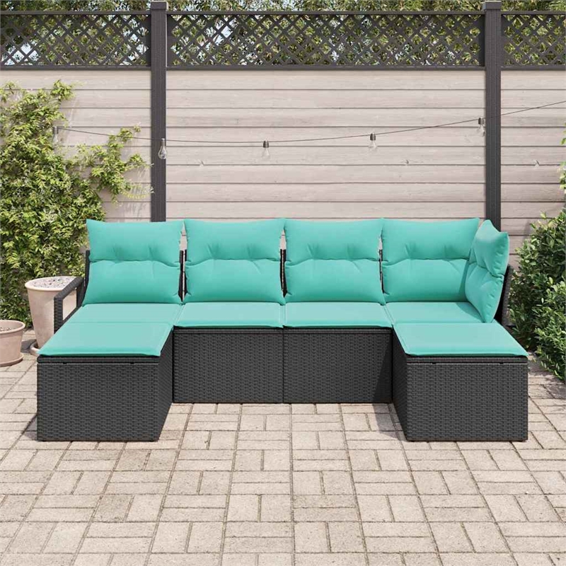 Pemberly Row 6 Pcs Black & Turquoise Poly Rattan Sofa Set With Cushions