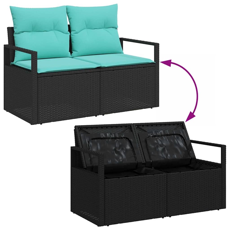 Pemberly Row 6 Pcs Black & Turquoise Poly Rattan Sofa Set With Cushions
