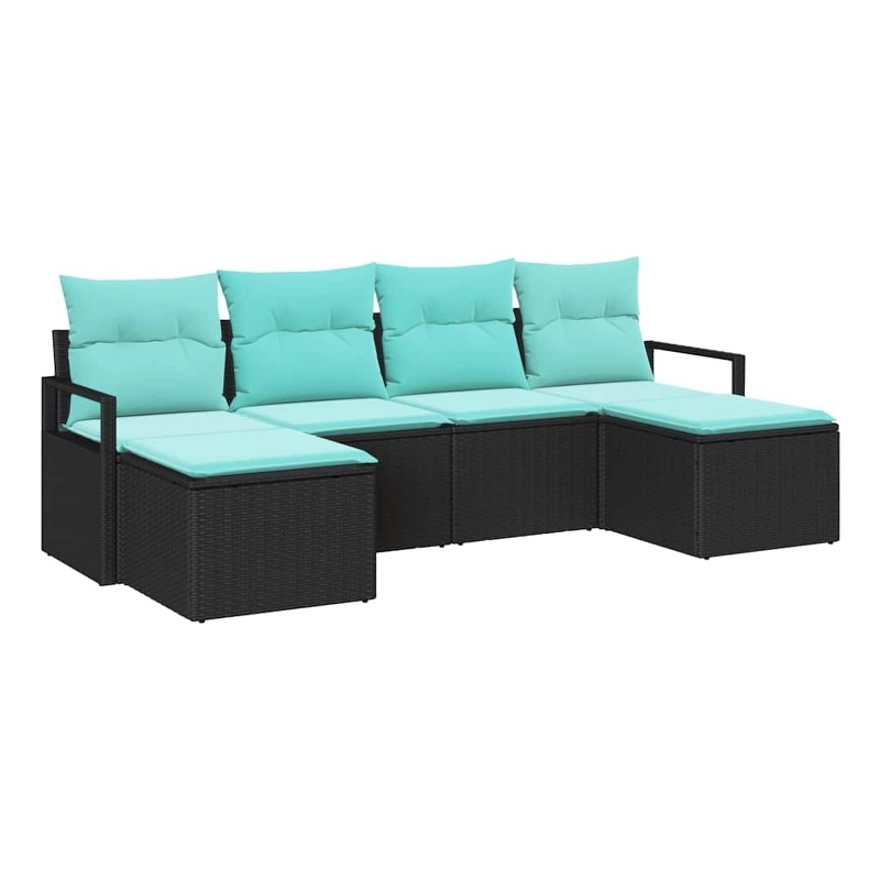 Pemberly Row 6 Pcs Black & Turquoise Poly Rattan Sofa Set With Cushions