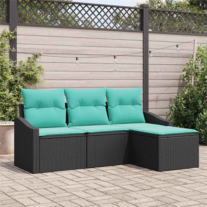 Pemberly Row 4 Pcs Black & Turquoise Poly Rattan Sofa Set With Cushions