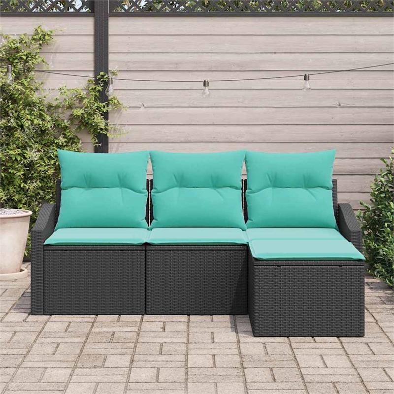 Pemberly Row 4 Pcs Black & Turquoise Poly Rattan Sofa Set With Cushions