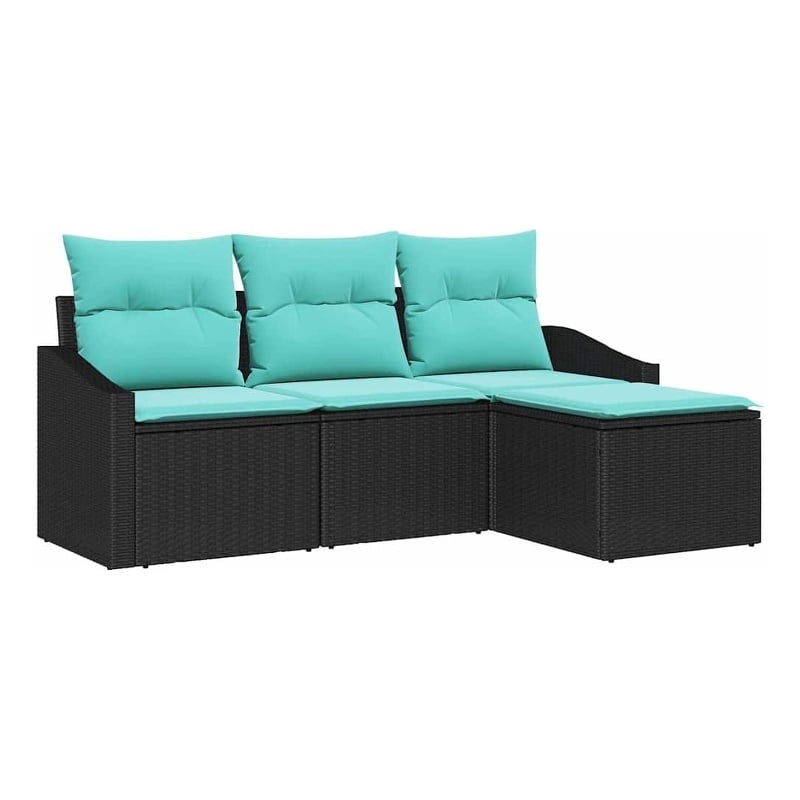 Pemberly Row 4 Pcs Black & Turquoise Poly Rattan Sofa Set With Cushions