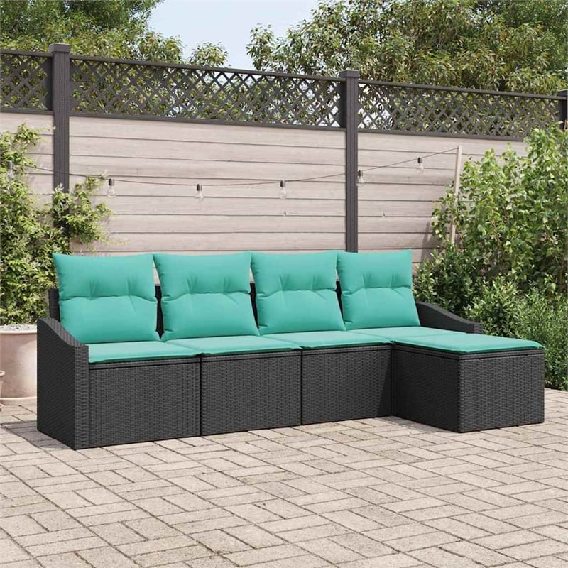 Pemberly Row 5 Pcs Black & Turquoise Poly Rattan Sofa Set With Cushions