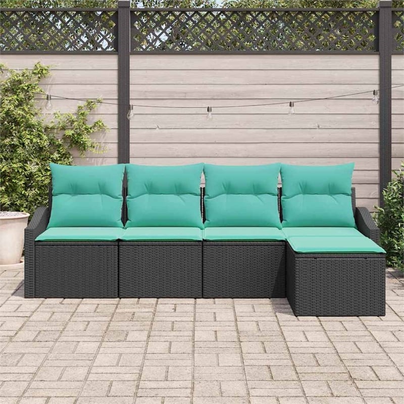 Pemberly Row 5 Pcs Black & Turquoise Poly Rattan Sofa Set With Cushions