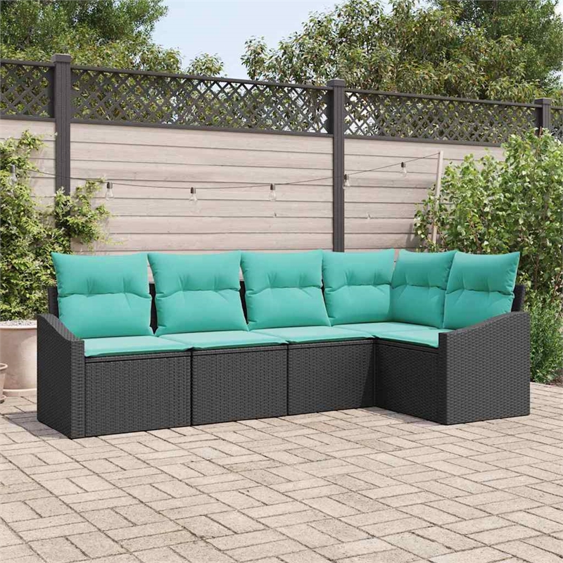 Pemberly Row 5 Pcs Black & Turquoise Poly Rattan Garden Sofa Set