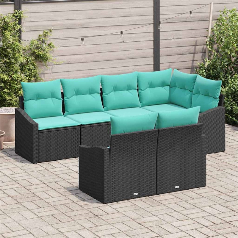 Pemberly Row 7 Pcs Black & Turquoise Poly Rattan Garden Sofa Set