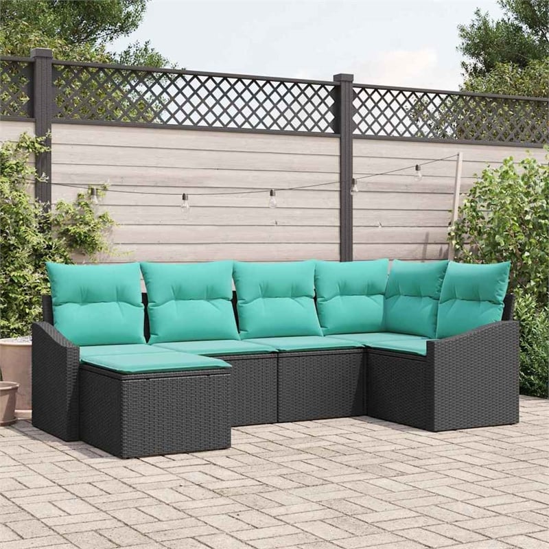 Pemberly Row 6 Pcs Black & Turquoise Poly Rattan Sofa Set With Cushions