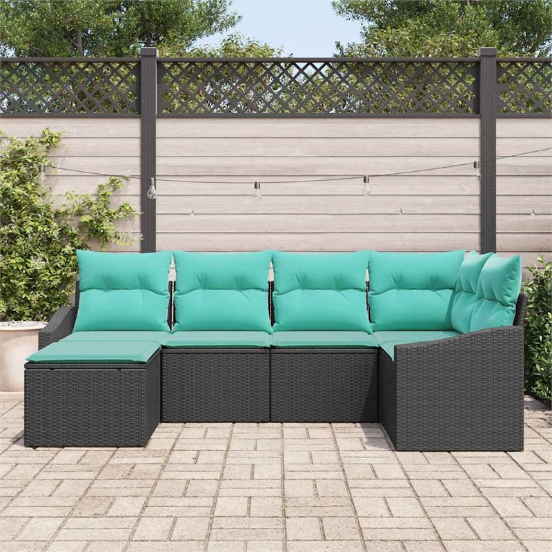 Pemberly Row 6 Pcs Black & Turquoise Poly Rattan Sofa Set With Cushions