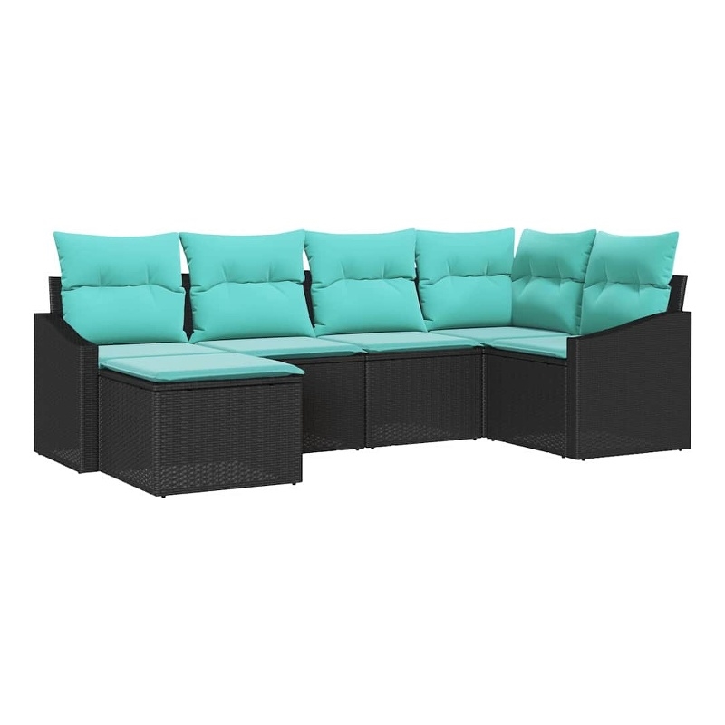 Pemberly Row 6 Pcs Black & Turquoise Poly Rattan Sofa Set With Cushions