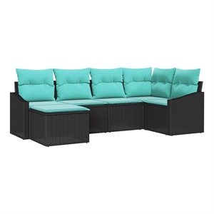 Pemberly Row 6 Pcs Black & Turquoise Poly Rattan Sofa Set With Cushions