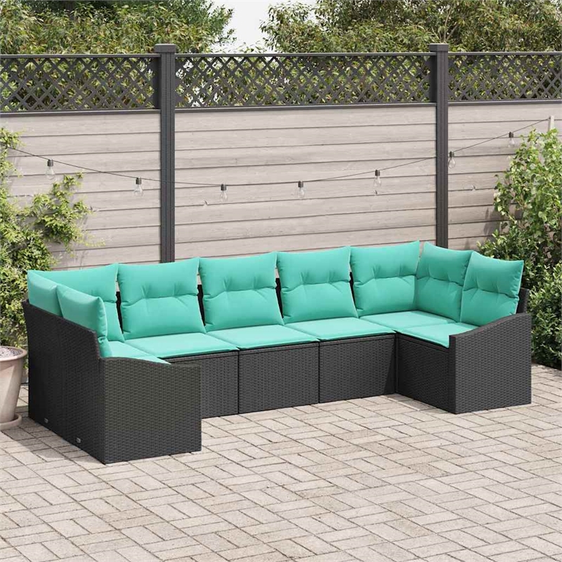 Pemberly Row 7 Pcs Black & Turquoise Poly Rattan Garden Sofa Set