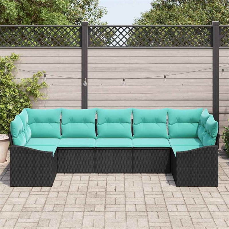 Pemberly Row 7 Pcs Black & Turquoise Poly Rattan Garden Sofa Set