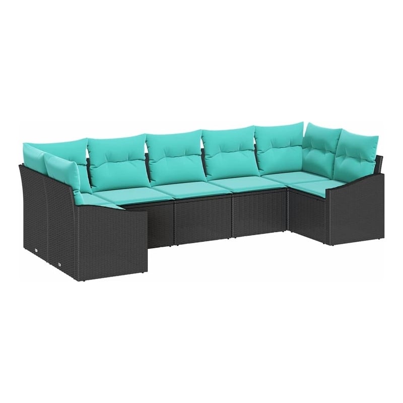Pemberly Row 7 Pcs Black & Turquoise Poly Rattan Garden Sofa Set