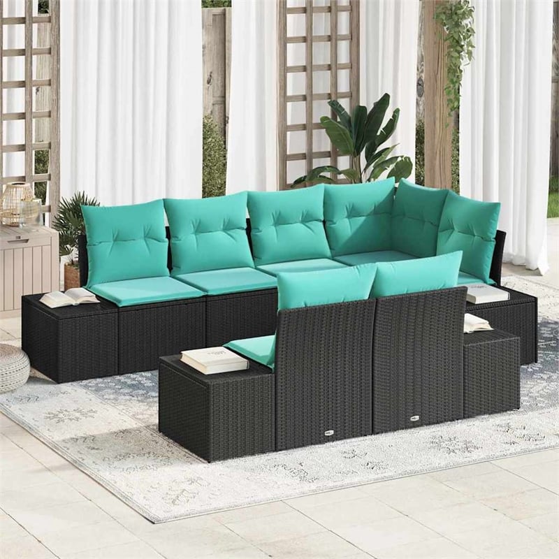Pemberly Row 7 Pcs Black & Turquoise Poly Rattan Garden Sofa Set