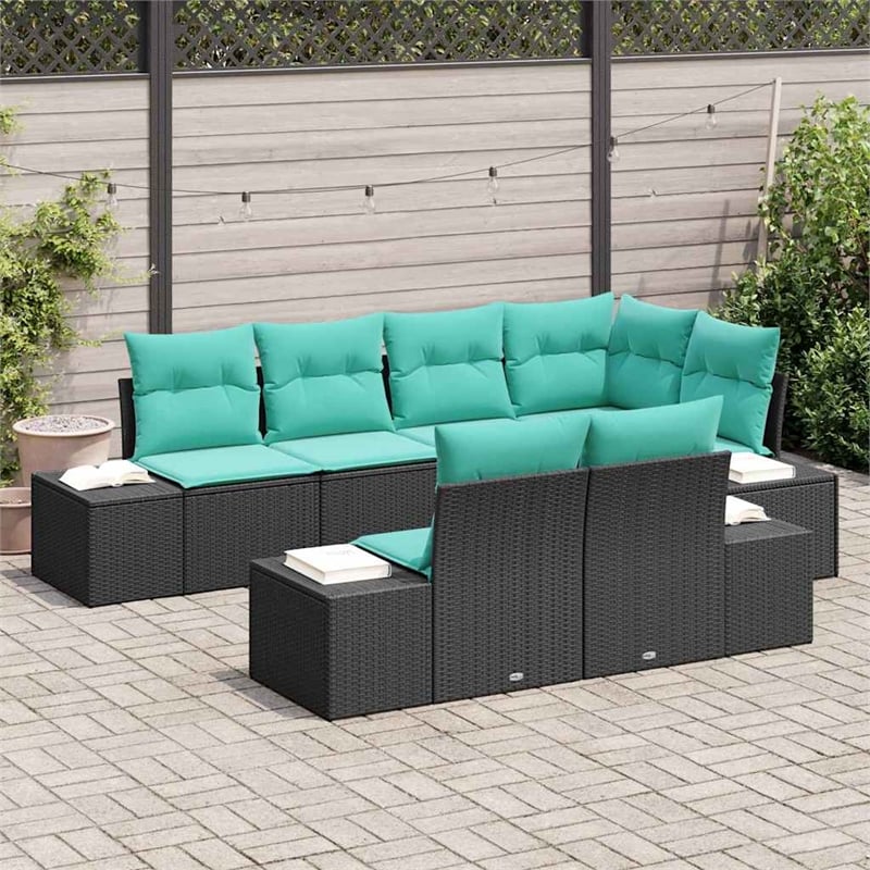 Pemberly Row 7 Pcs Black & Turquoise Poly Rattan Garden Sofa Set