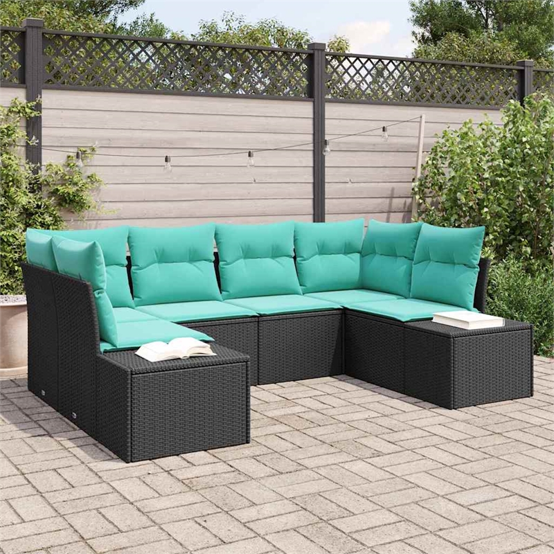 Pemberly Row 6 Pcs Black & Turquoise Poly Rattan Garden Sofa Set