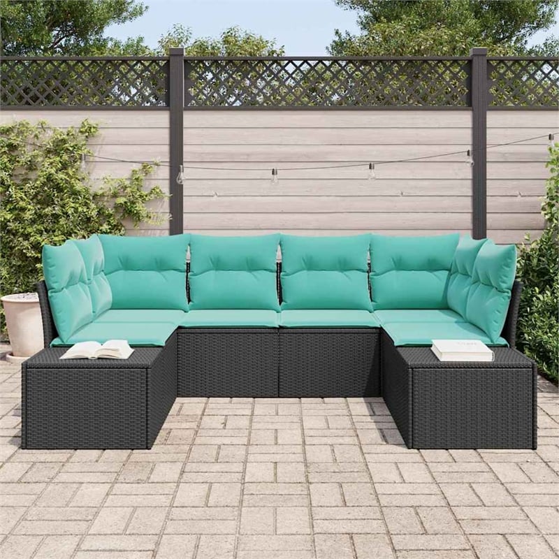 Pemberly Row 6 Pcs Black & Turquoise Poly Rattan Garden Sofa Set