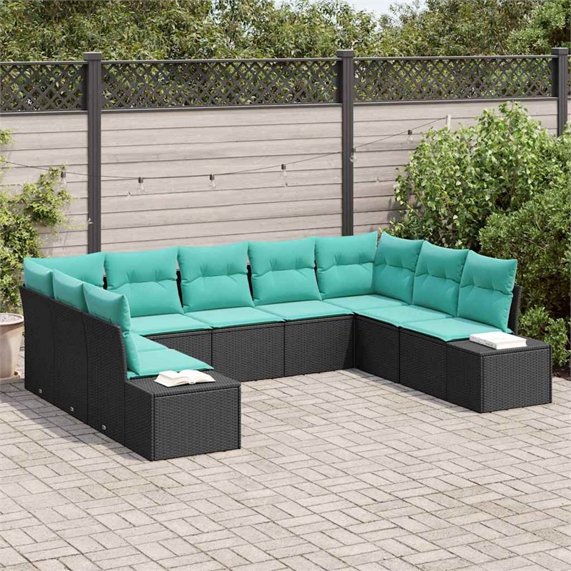 Pemberly Row 9 Pcs Black & Turquoise Poly Rattan Garden Sofa Set