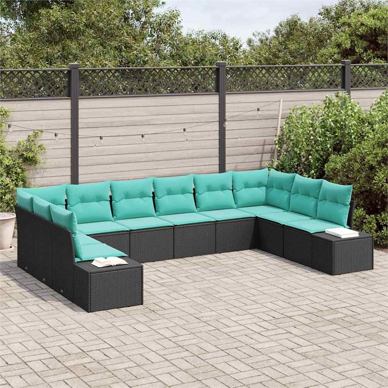 Pemberly Row 10 Pcs Black & Turquoise Poly Rattan Garden Sofa Set
