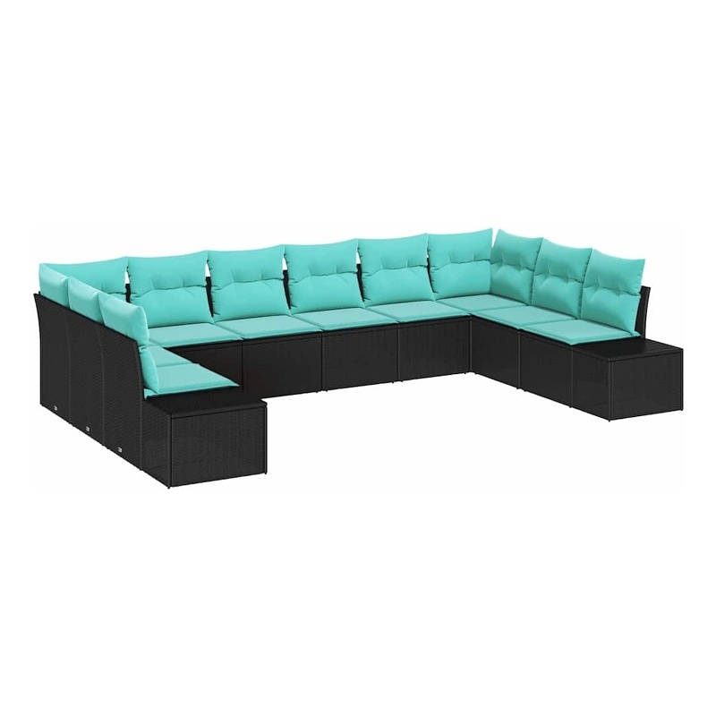 Pemberly Row 10 Pcs Black & Turquoise Poly Rattan Garden Sofa Set