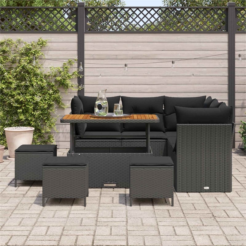 Pemberly Row 9 Pcs Poly Rattan And Powder-Coated Steel Garden Sofa Set in Black