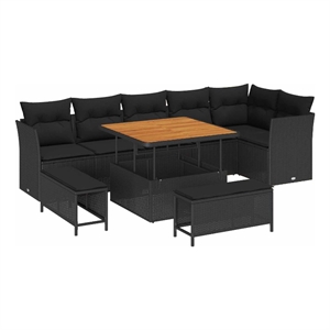 Pemberly Row 9 Pcs Poly Rattan And Powder-Coated Steel Garden Sofa Set in Black