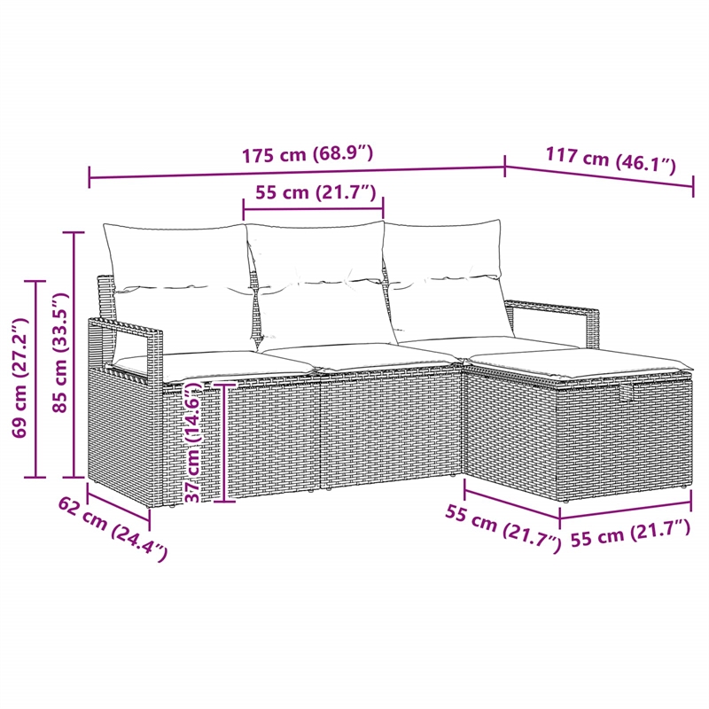 Pemberly Row 4 Pcs Poly Rattan Sofa Set With Cushions Manual in Gray And Navy