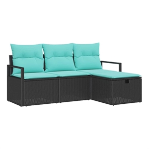 Pemberly Row 4 Pcs Poly Rattan Sofa Set With Cushions in Black And Turquoise