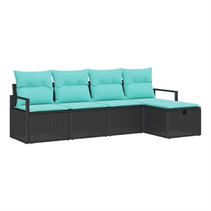 Pemberly Row 5 Pcs Poly Rattan Sofa Set With Cushions in Black And Turquoise