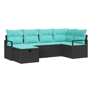 Pemberly Row 6 Pcs Poly Rattan Sofa Set With Cushions in Black And Turquoise