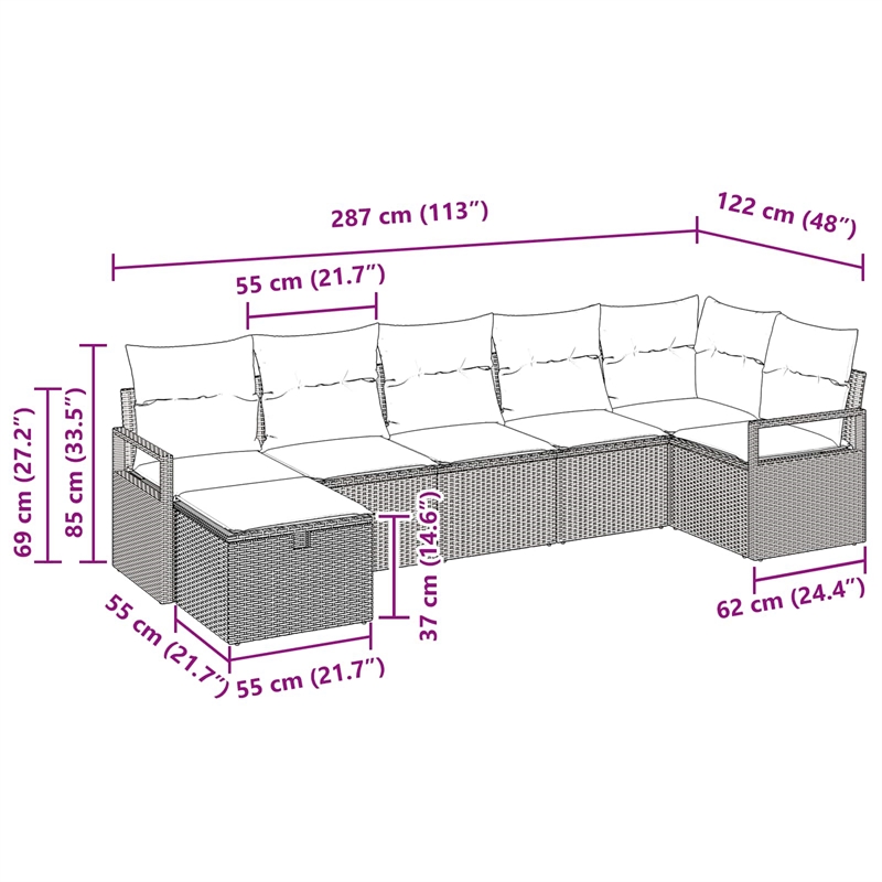 Pemberly Row 7 Pcs Poly Rattan Sofa Set With Cushions Manual in Gray And Navy